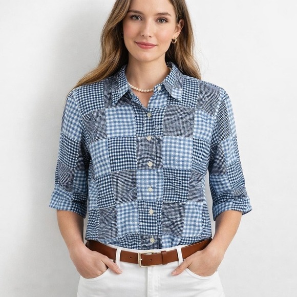 Liz Claiborne Tops - Womens Madras Check Button Up Shirt Blue M Cotton Preppy Coastal Casual